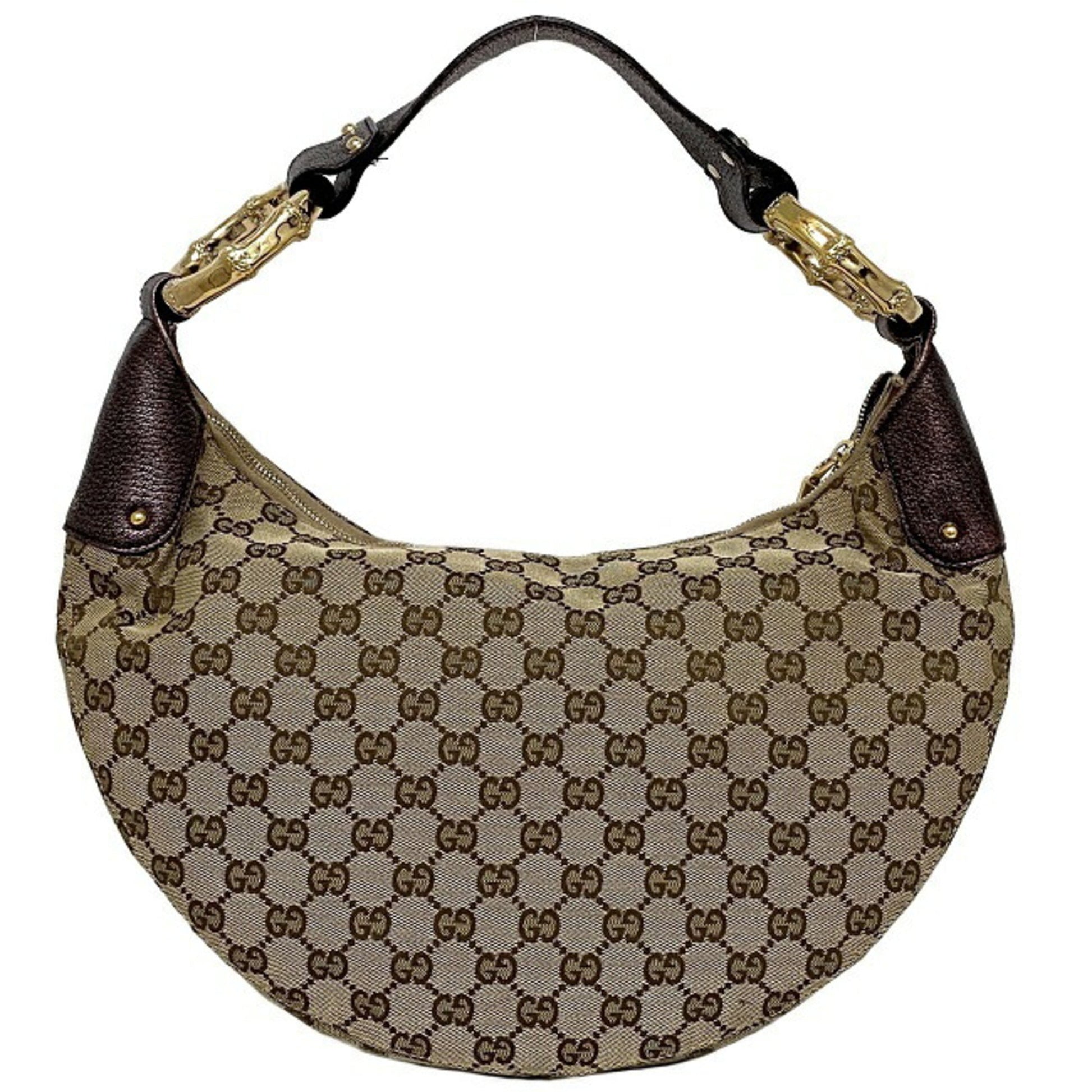 Gucci Bamboo Beige Leather Canvas Shoulder Bag