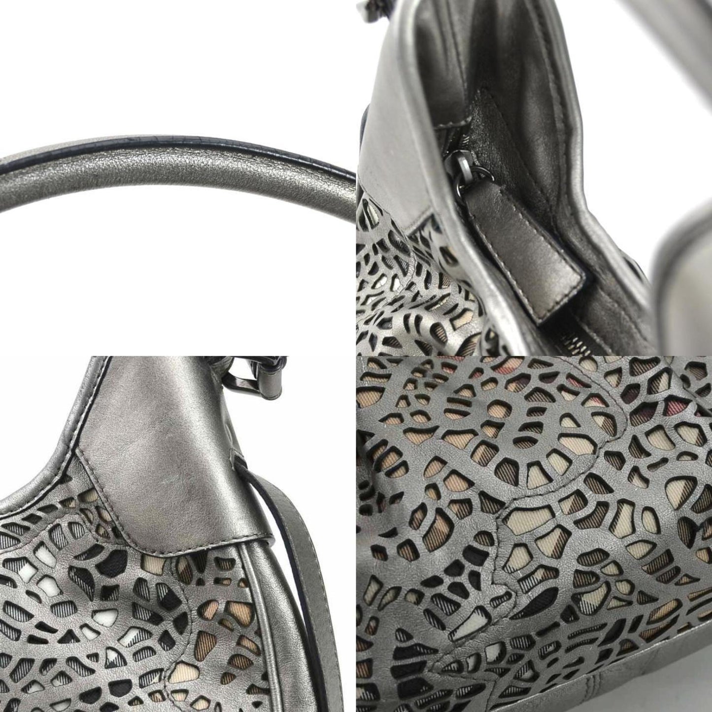 Burberry Beige Metallic Gray Leather Canvas Shoulder Bag ( )