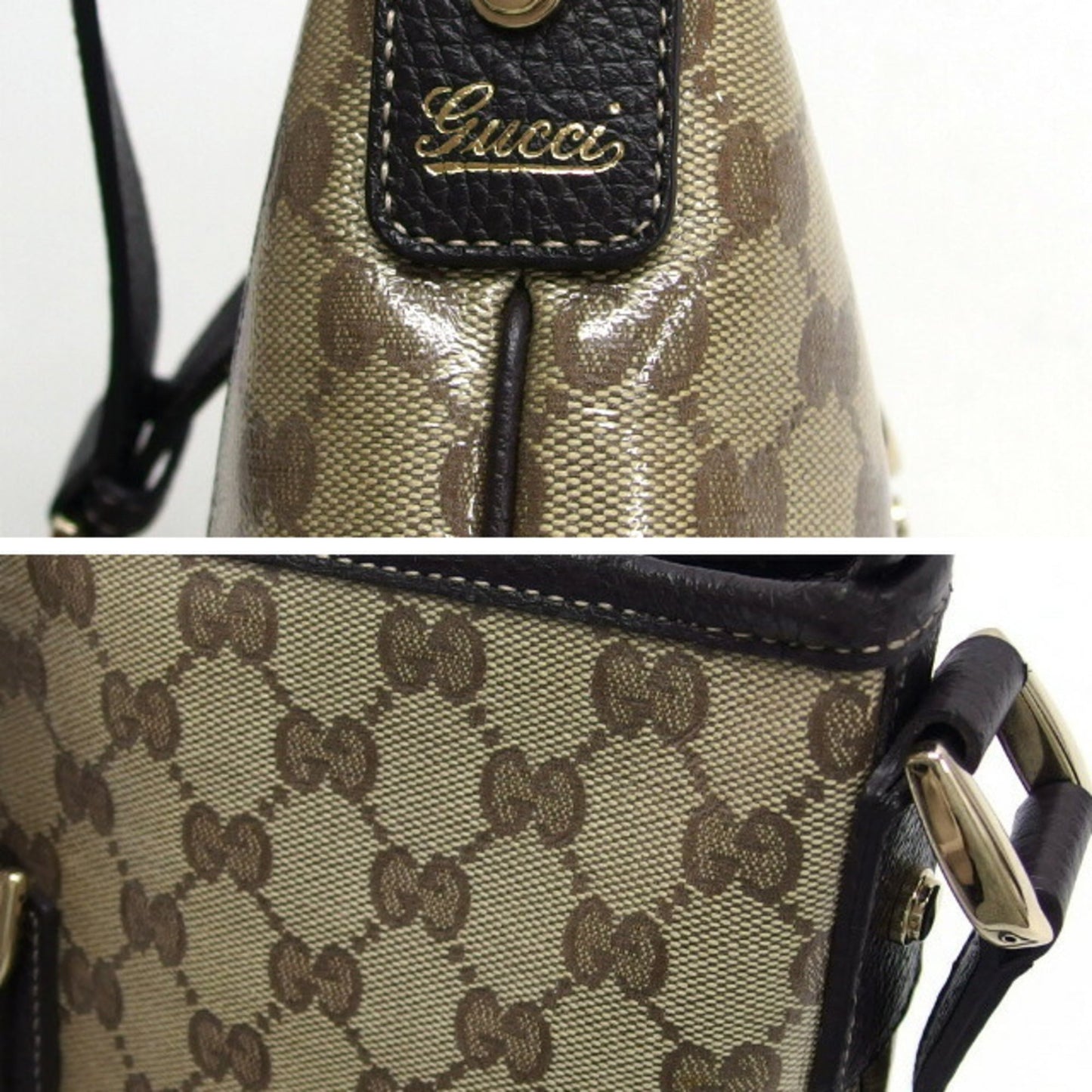 Gucci Beige Dark Brown Coated Canvas Leather Shoulder Bag ( )