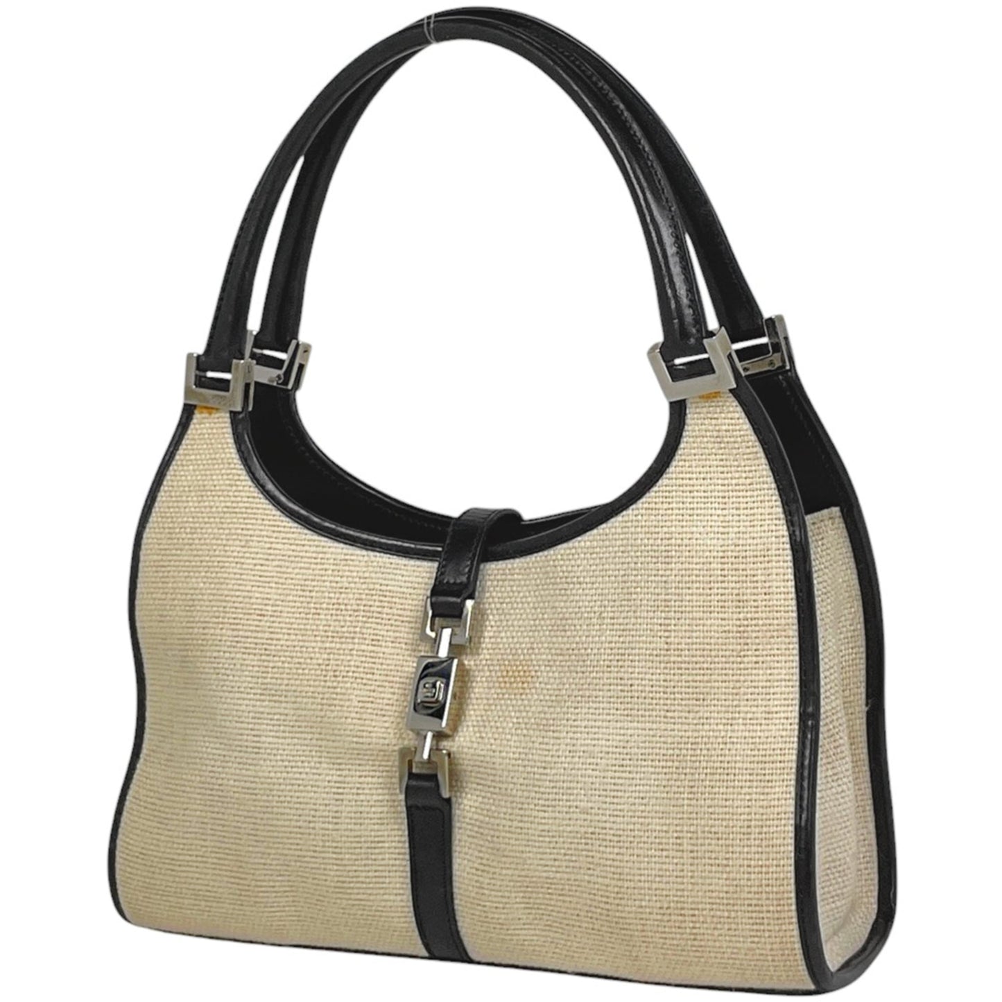 Gucci Black Ivory Fabric Leather Handbag Shoulder Bag ( )