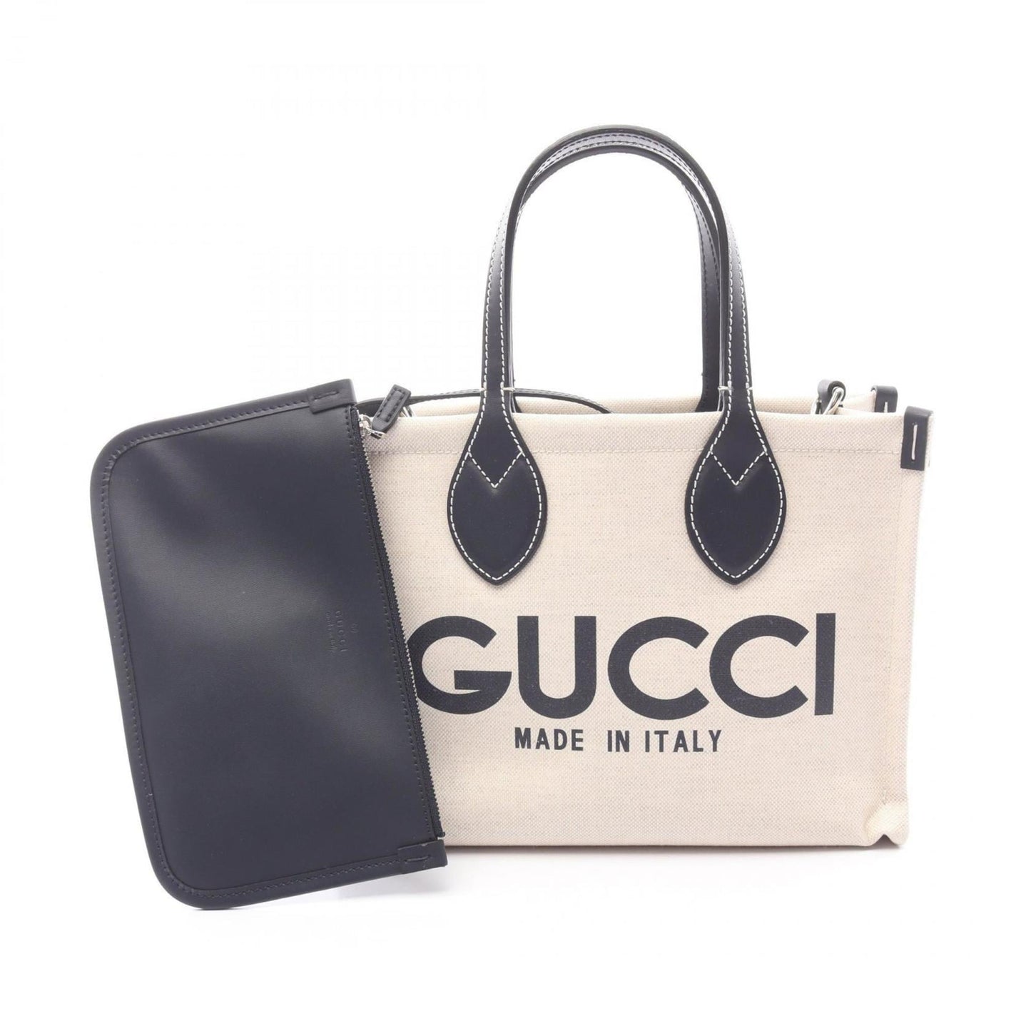 Gucci Ivory Navy Canvas Leather Pouch Tote Bag ( )