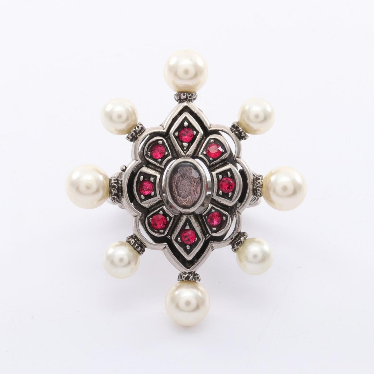 Gucci Silver Pink White Artificial Pearl Rhinestone Stainless Steel Band Ring ( )