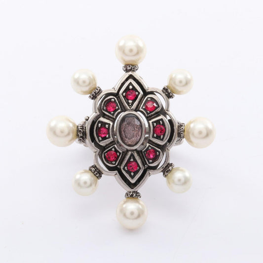 Gucci Silver Pink White Artificial Pearl Rhinestone Stainless Steel Band Ring ( )