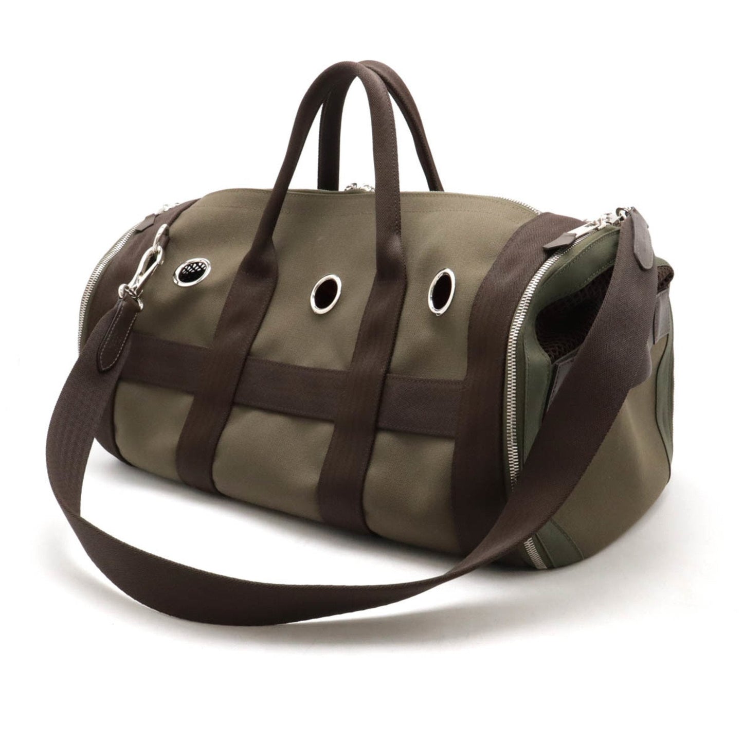 Hermes Dark Brown Khaki Canvas Leather Boston Bag Shoulder Bag ( )