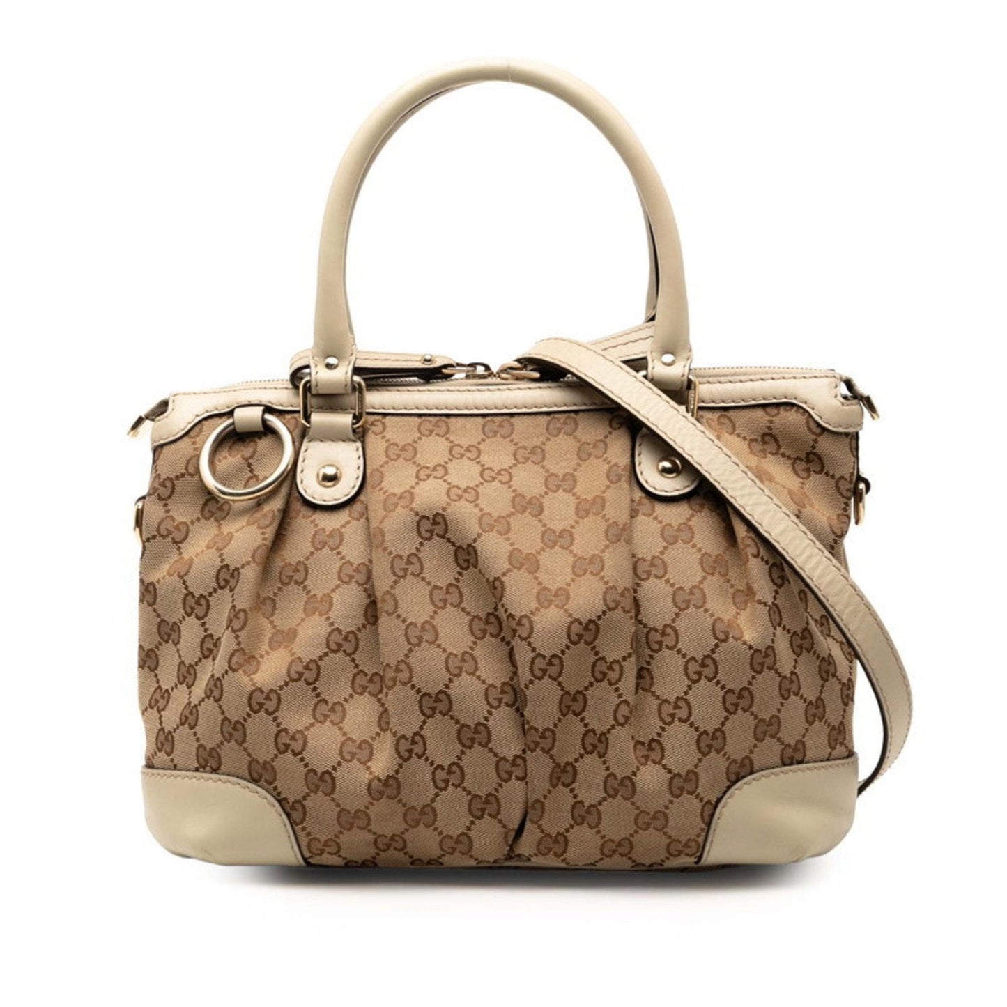 Gucci Beige White Canvas Leather Handbag Shoulder Bag ( )