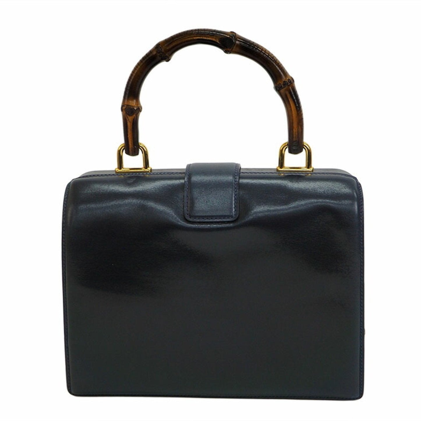 Gucci Old Bamboo Handbag Gold Crest Navy Leather Women's