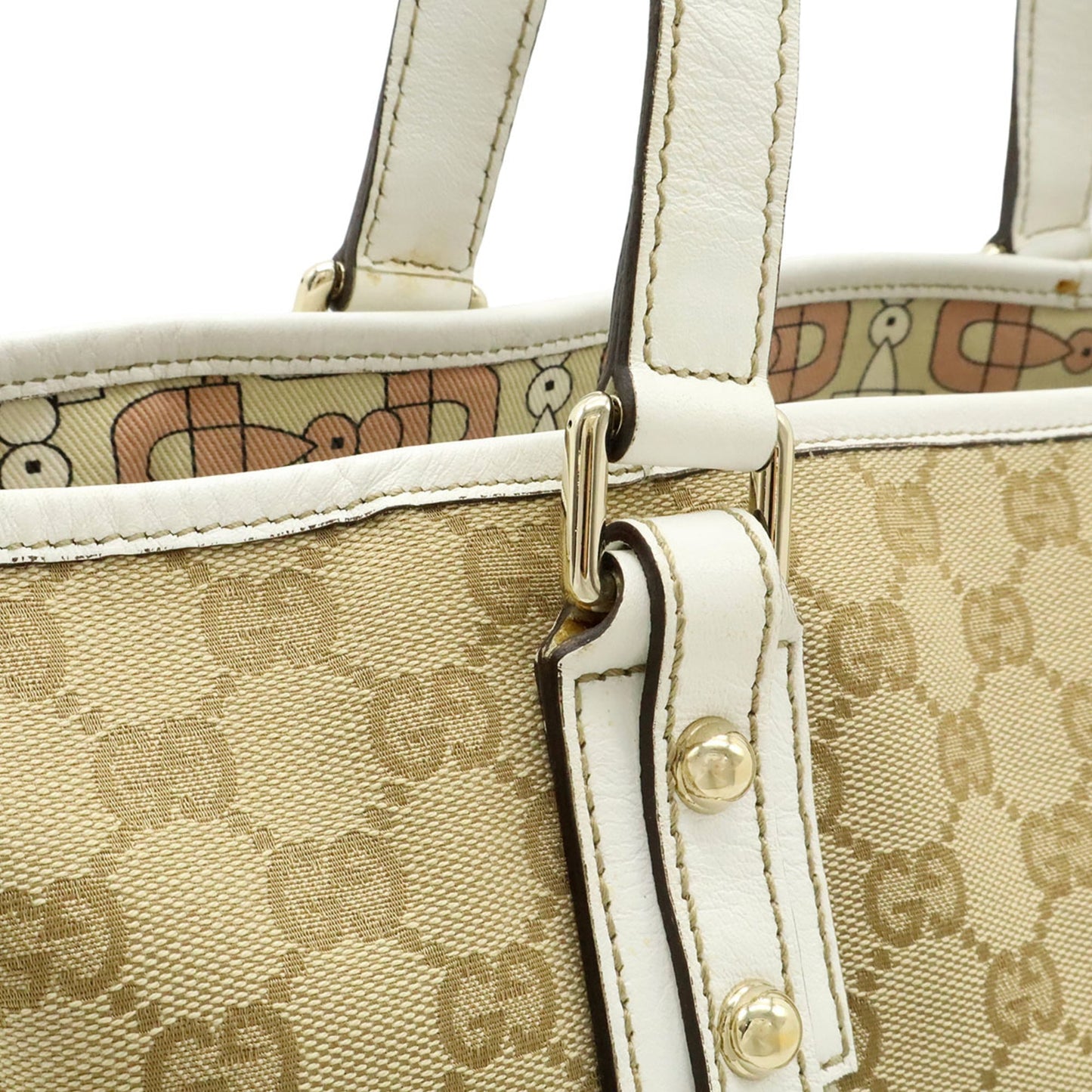 Gucci Beige Khaki White Canvas Leather Shoulder Bag Tote Bag ( )