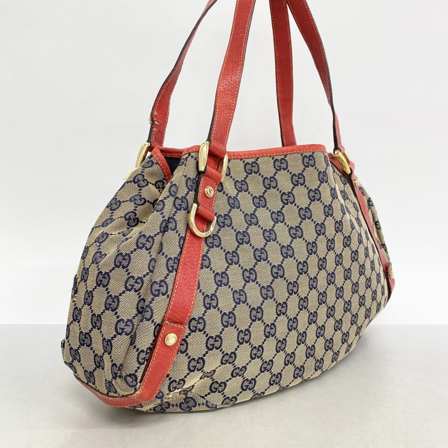 Gucci Beige Navy Red Color Canvas Tote Bag ( )