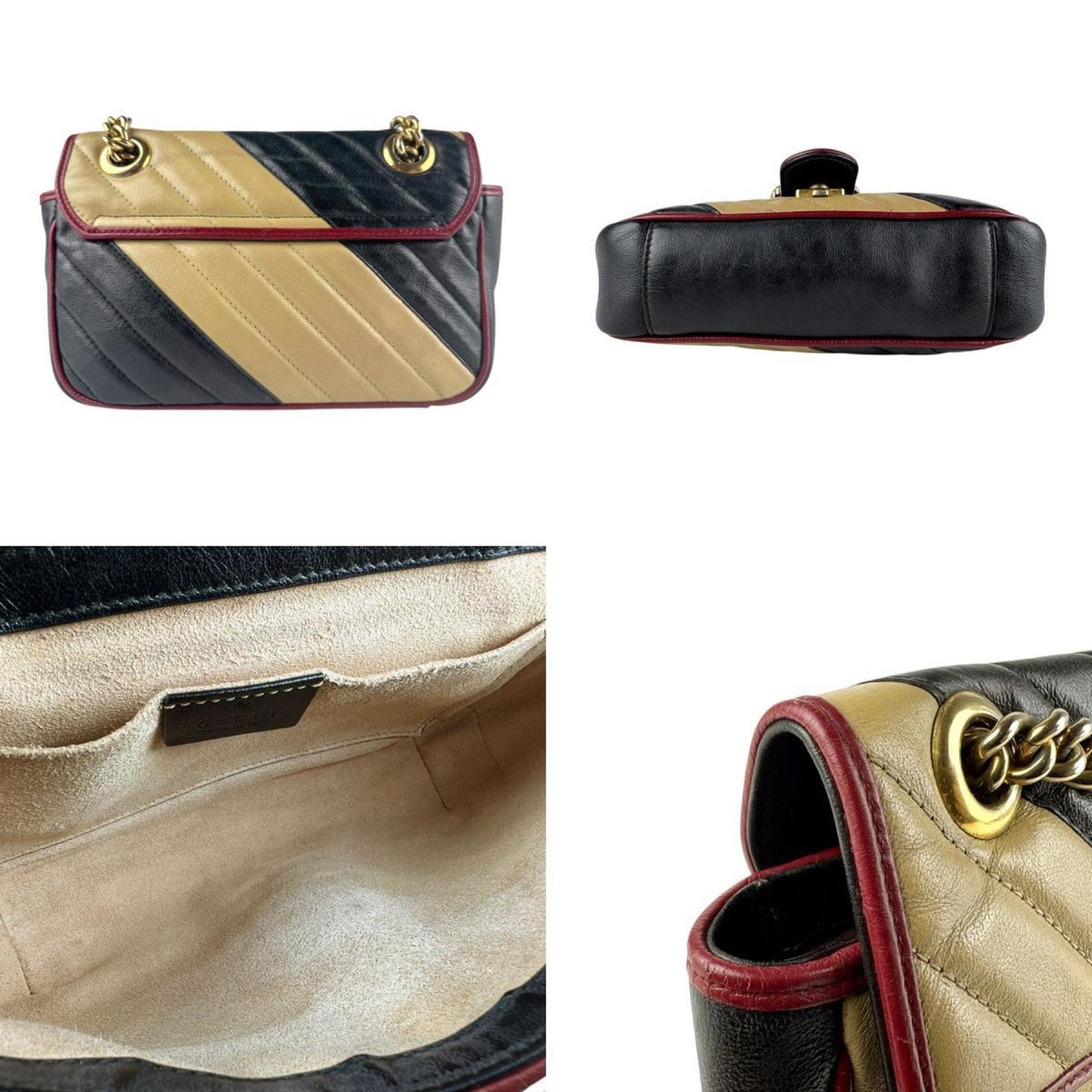 Gucci Beige Black Gold Leather Metal Shoulder Bag ( )
