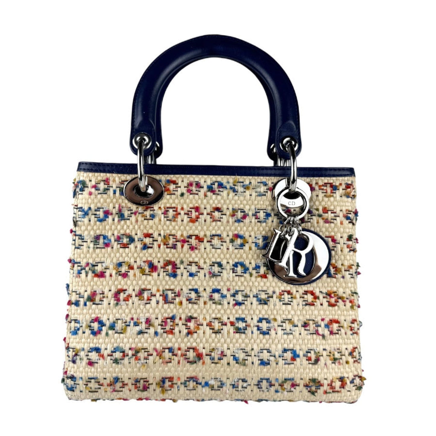 Christian Dior Beige Multi-Color Navy Raffia Leather Handbag Shoulder Bag ()