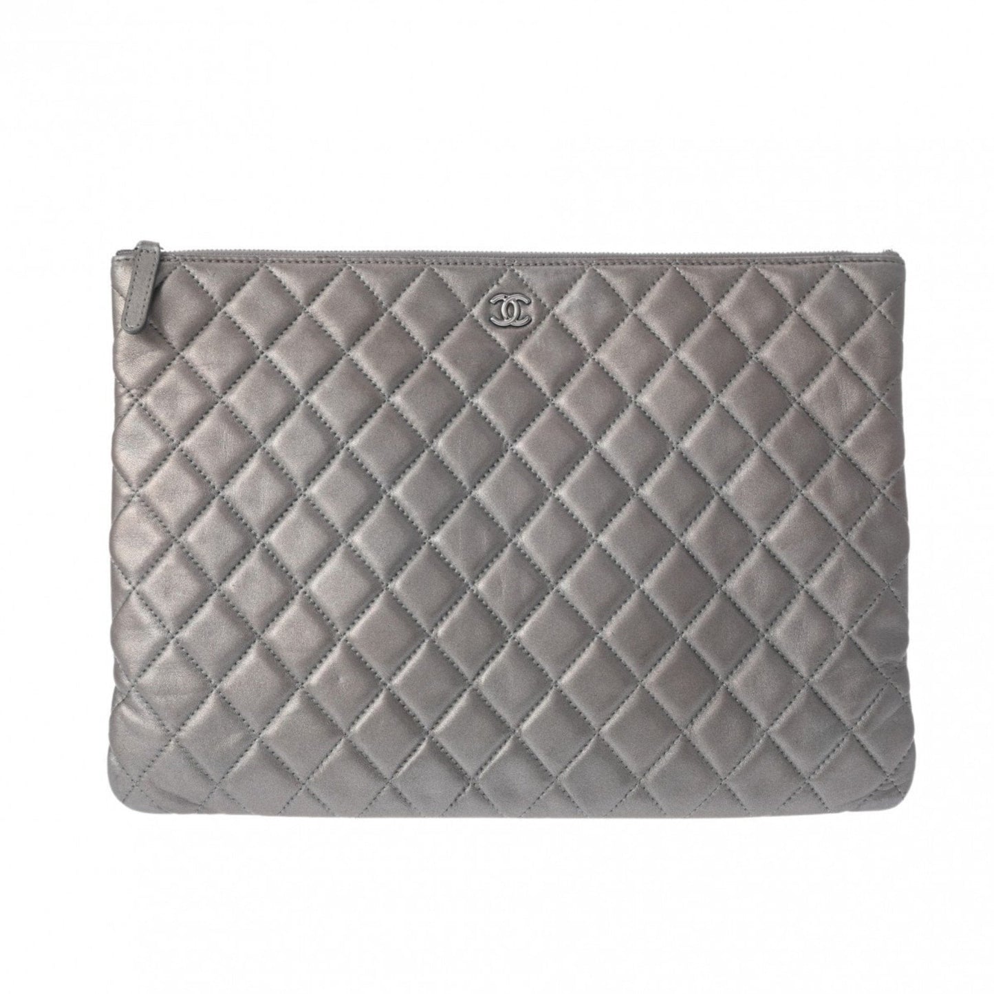 CHANEL Chanel Matelasse Silver Unisex Lambskin Clutch Bag