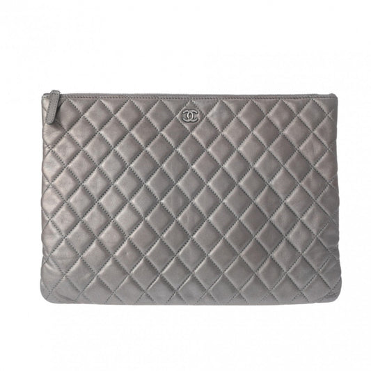 CHANEL Chanel Matelasse Silver Unisex Lambskin Clutch Bag