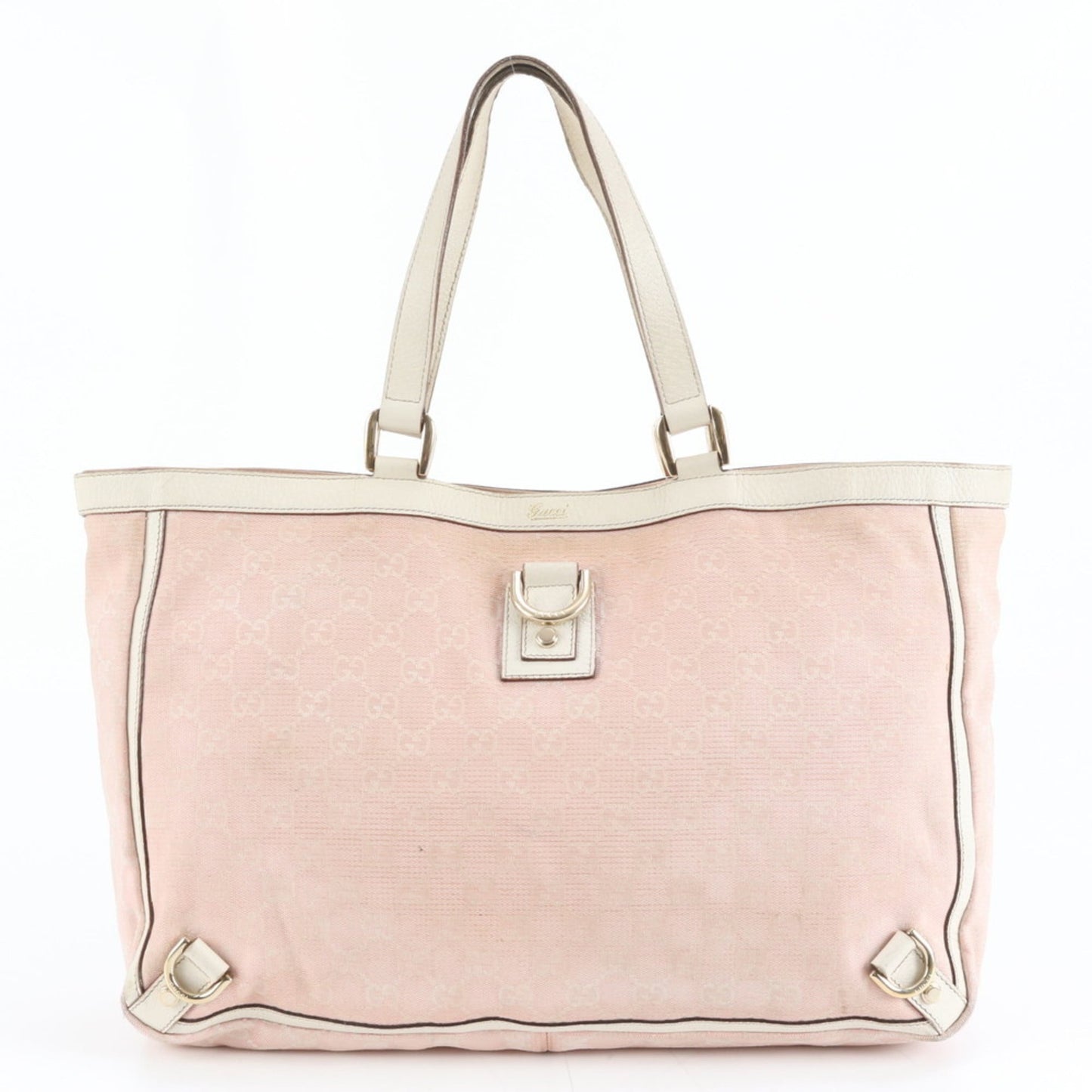 Gucci Pink Beige Leather Canvas Tote Bag ( )