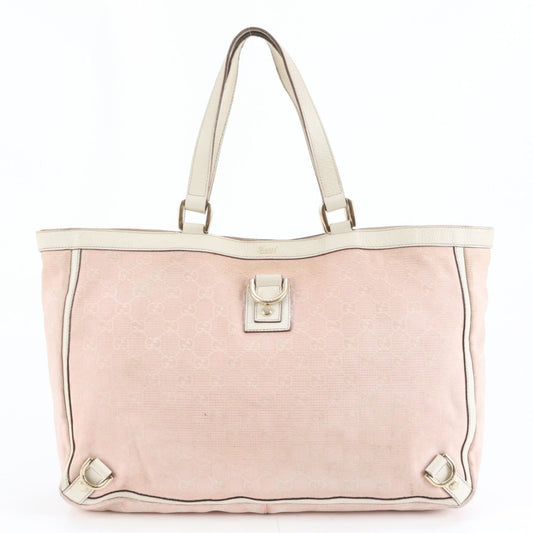 Gucci Pink Beige Leather Canvas Tote Bag ( )