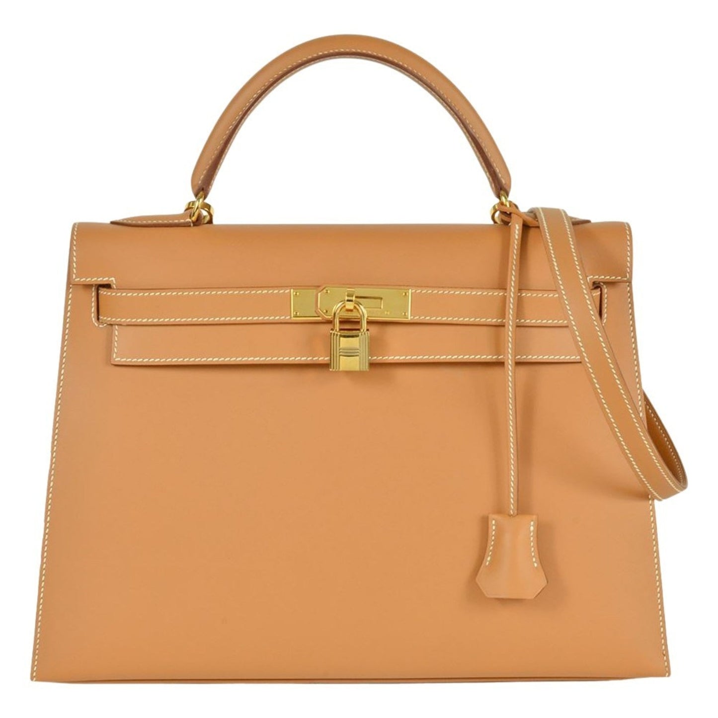 Hermes Kelly Brown Natural Box Calf Leather Handbag ( )