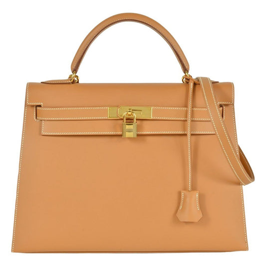 Hermes Kelly Brown Natural Box Calf Leather Handbag ( )