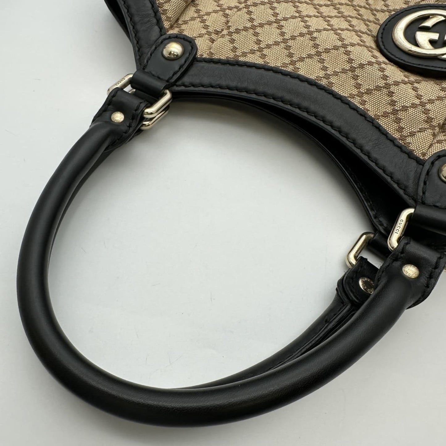 Gucci Beige Black Brown Canvas Leather Tote Bag ( )