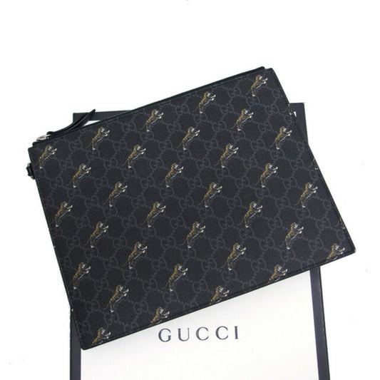 Gucci Black Charcoal Gray Yellow Coated Canvas Leather Clutch Bag Pouch ( )