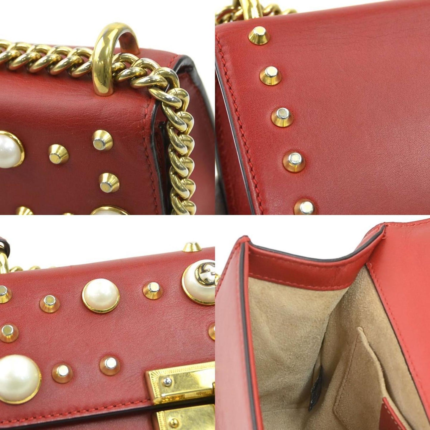 Gucci Red Color Leather Artificial Pearl Metal Shoulder Bag ( )