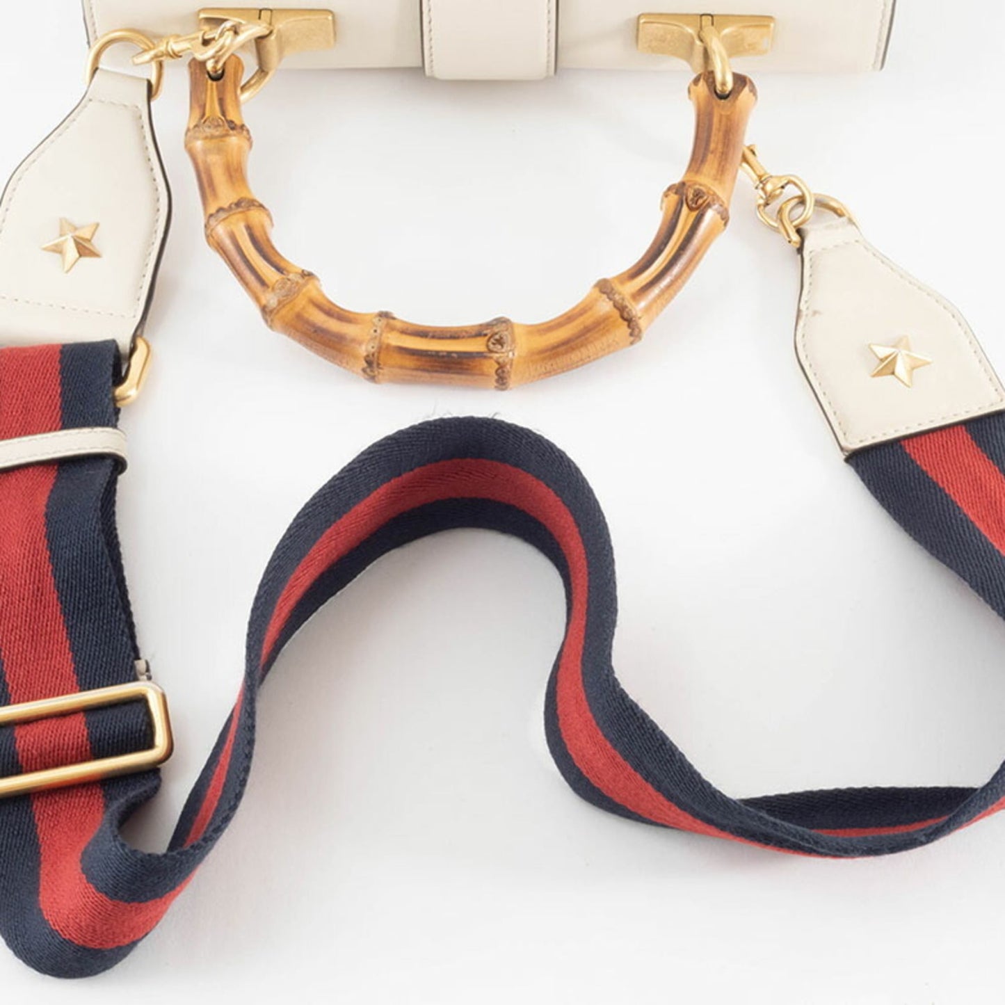 Gucci Ivory Navy Red Color Bamboo Leather Shoulder Bag ( )
