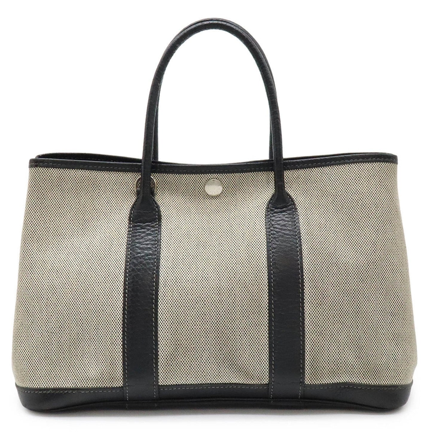 Hermes Garden Black Gray Toile H Leather Handbag Tote Bag ( )