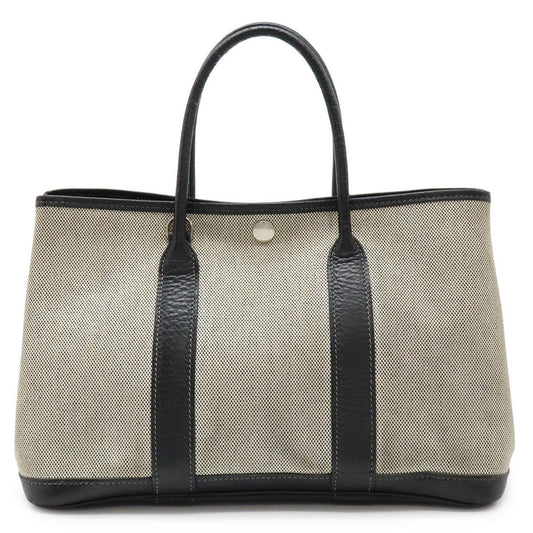Hermes Garden Black Gray Toile H Leather Handbag Tote Bag ( )