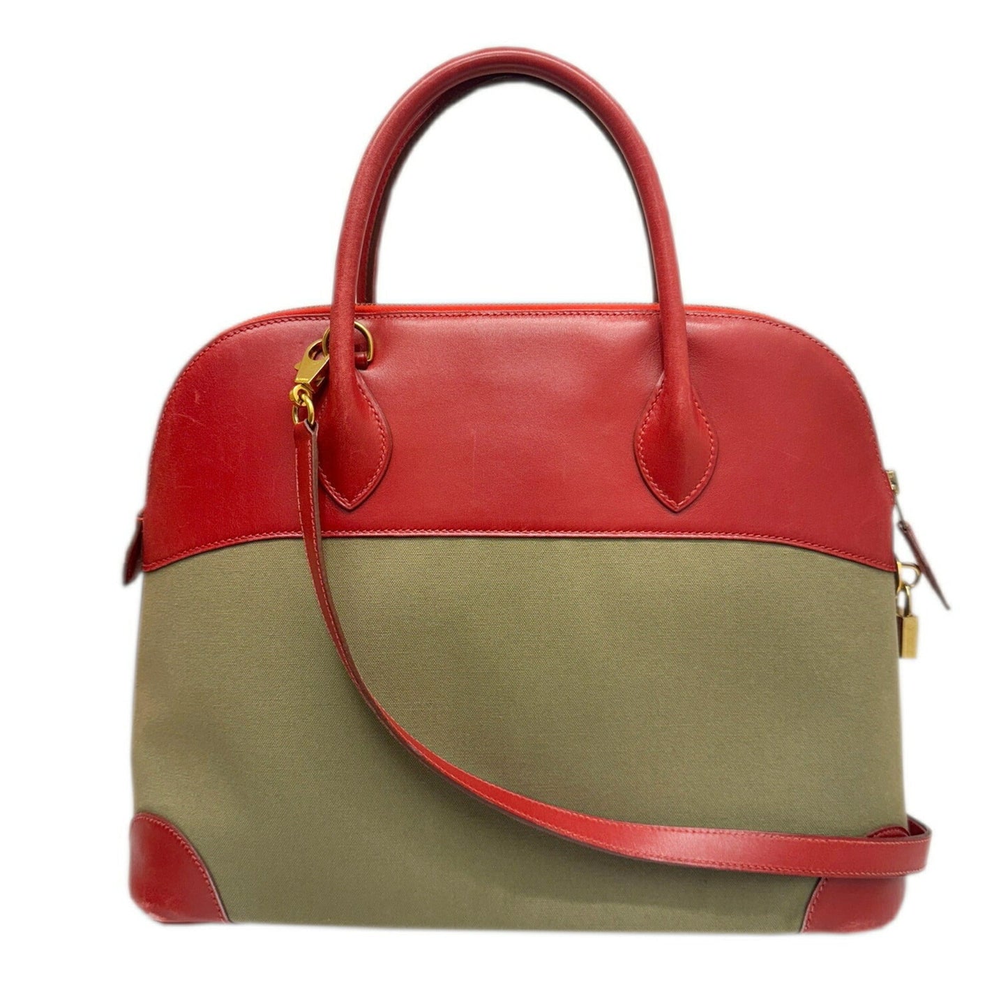 Hermes Khaki Rouge Garance Toile Officier Box Calf Leather Handbag Shoulder Bag ( )