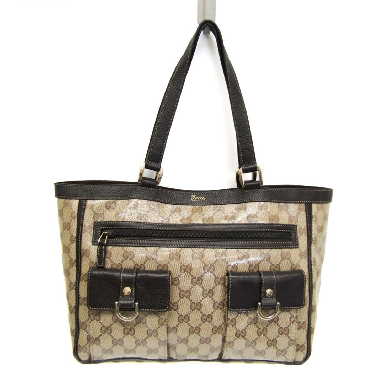 Gucci Gg Crystal Beige Dark Brown Leather Pvc Tote Bag ( )