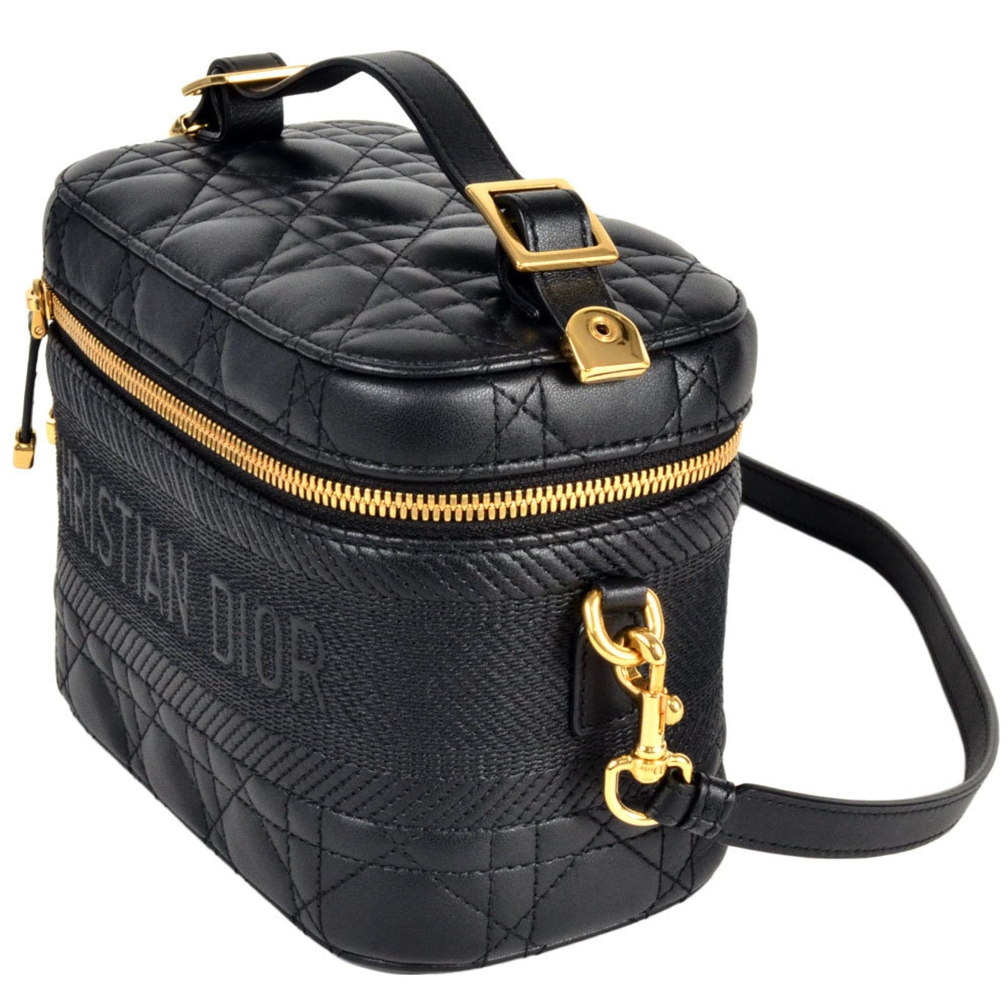 Christian Dior Black Leather Canvas Shoulder Bag Vanity Bag ()