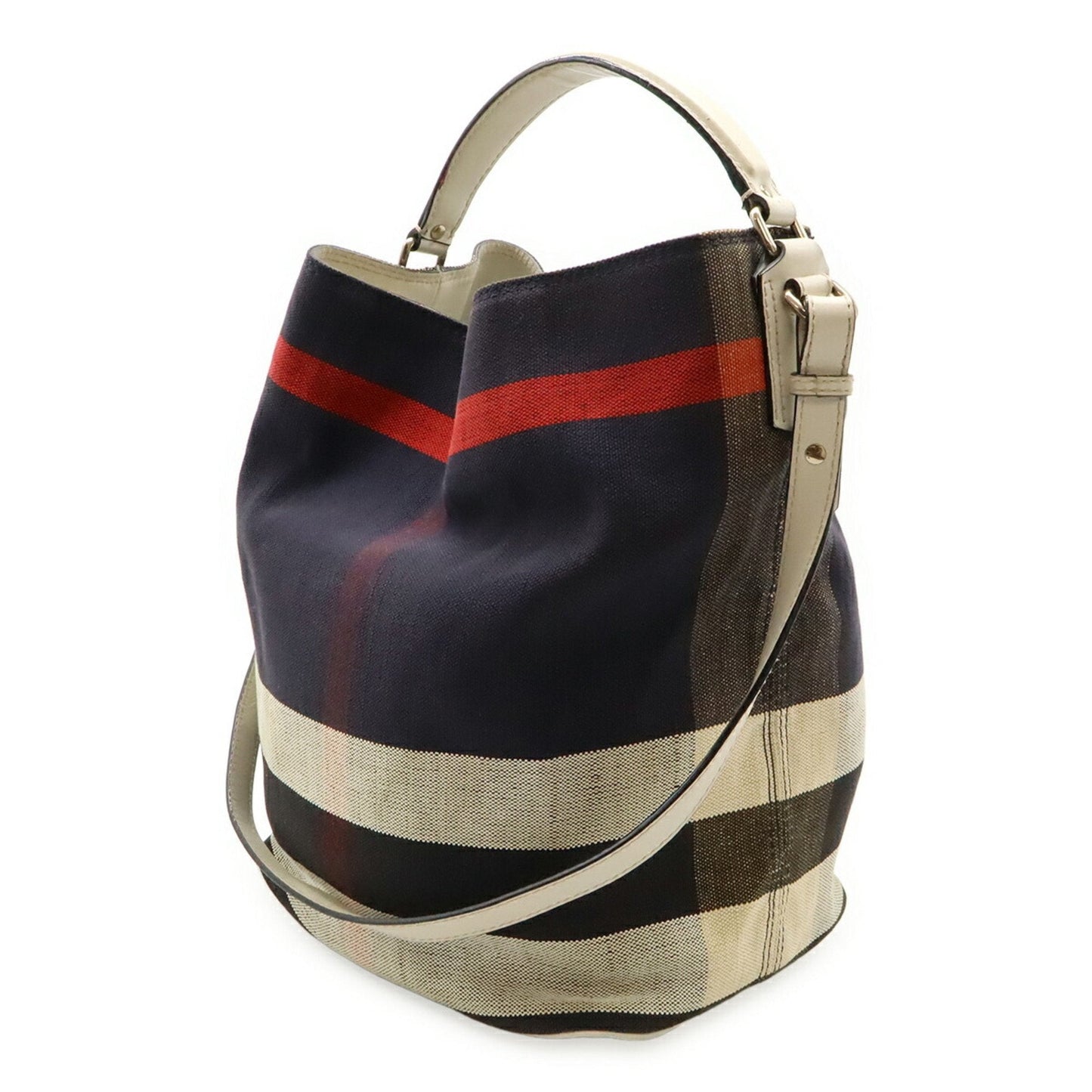 Burberry Black Red Color White Canvas Leather Shoulder Bag Tote Bag ( )