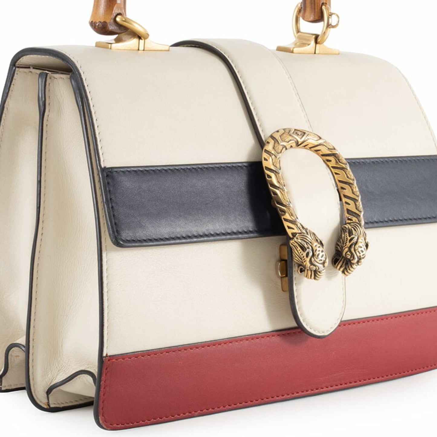 Gucci Ivory Navy Red Color Bamboo Leather Shoulder Bag ( )