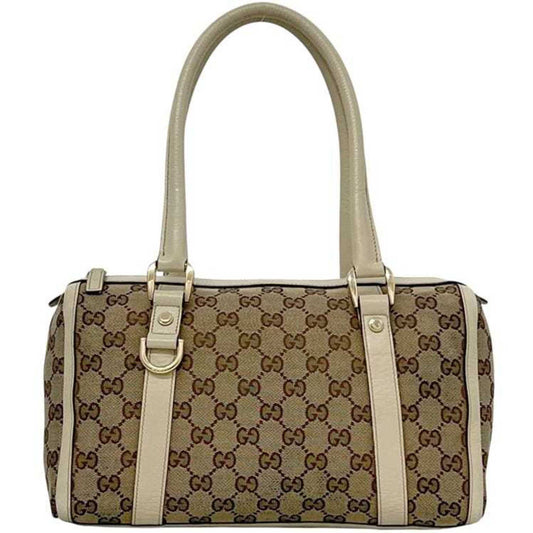 Gucci Beige White Canvas Leather Boston Bag Handbag ( )