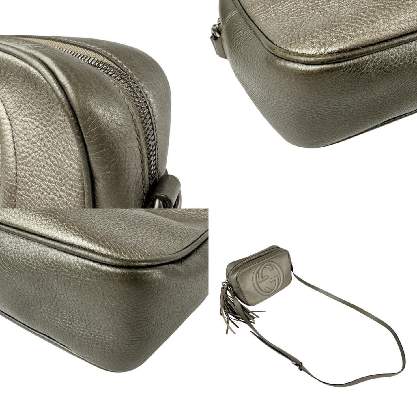 Gucci Gold Gray Khaki Leather Shoulder Bag ( )