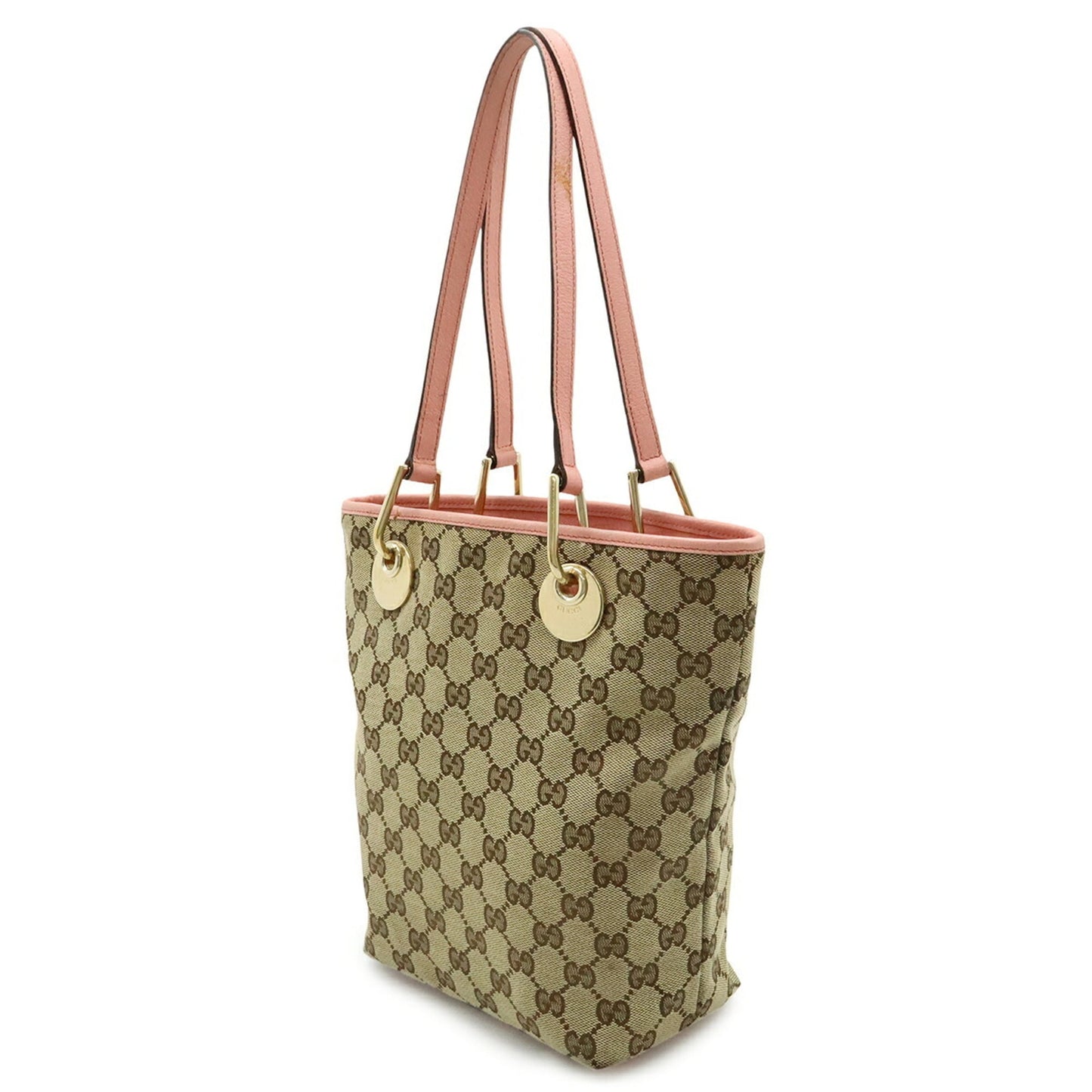 Gucci Beige Khaki Pink Canvas Leather Shoulder Bag Tote Bag ( )