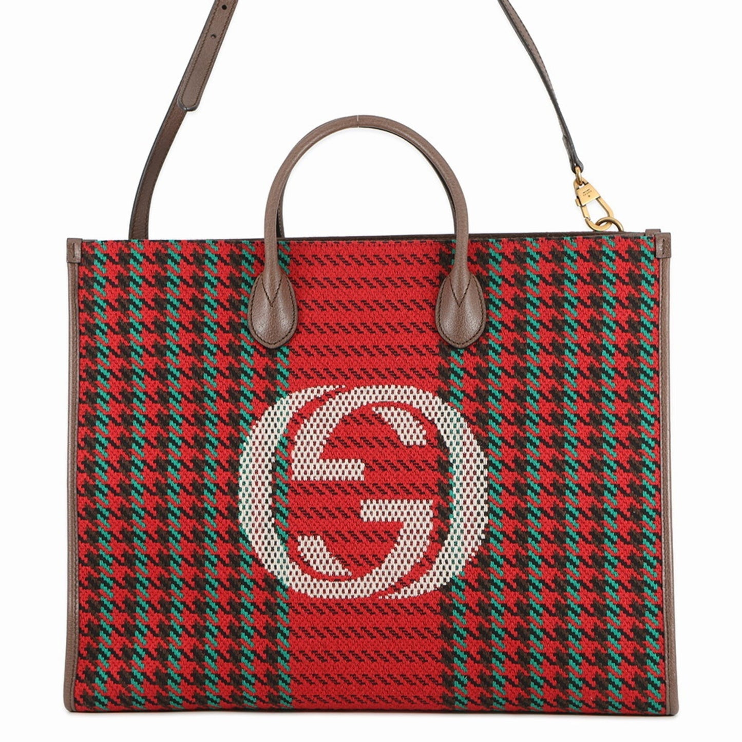 Gucci Multi-Color Red Brown Tweed Leather Shoulder Bag Tote Bag ( )