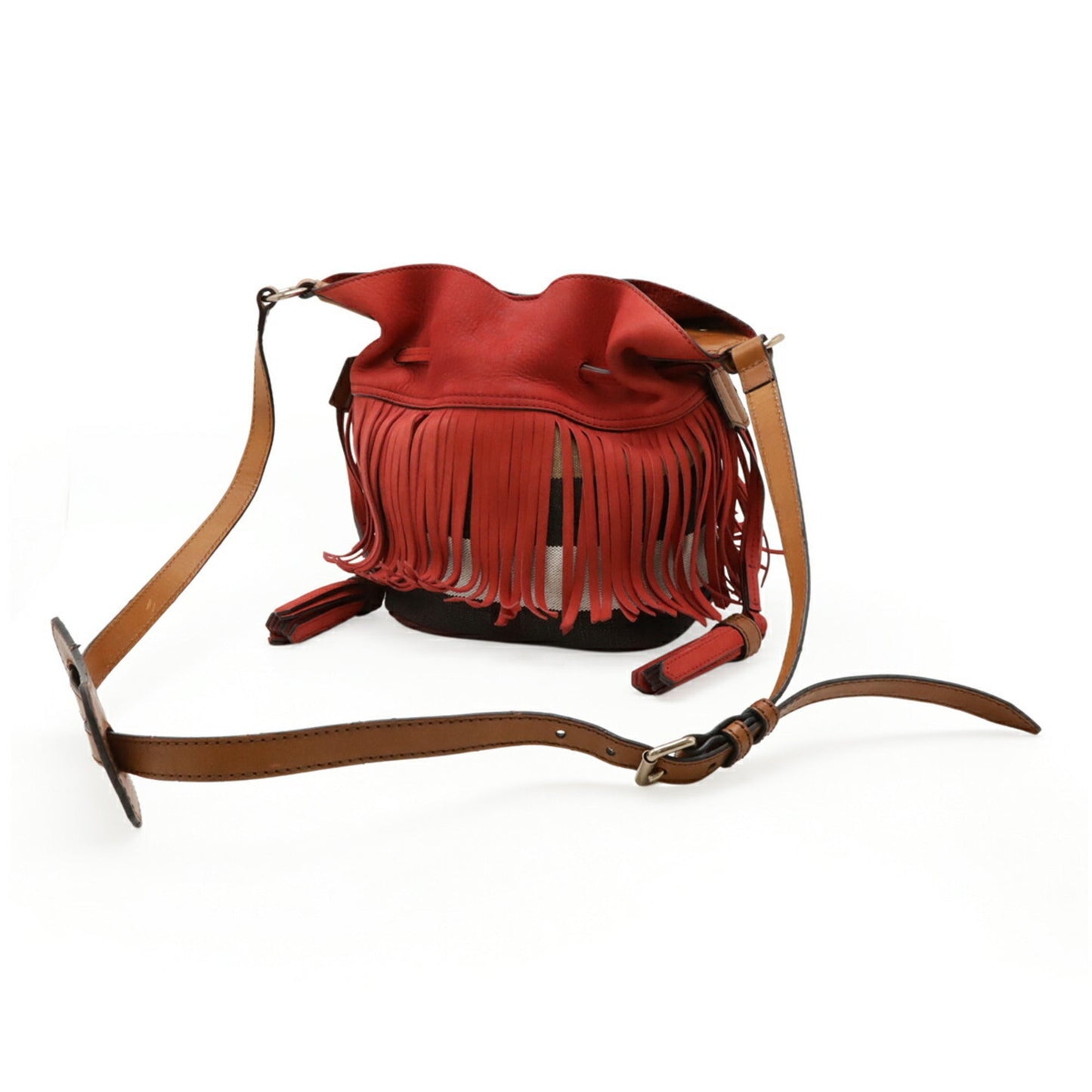 Burberry Brown Red Color Suede Canvas Leather Shoulder Bag ( )