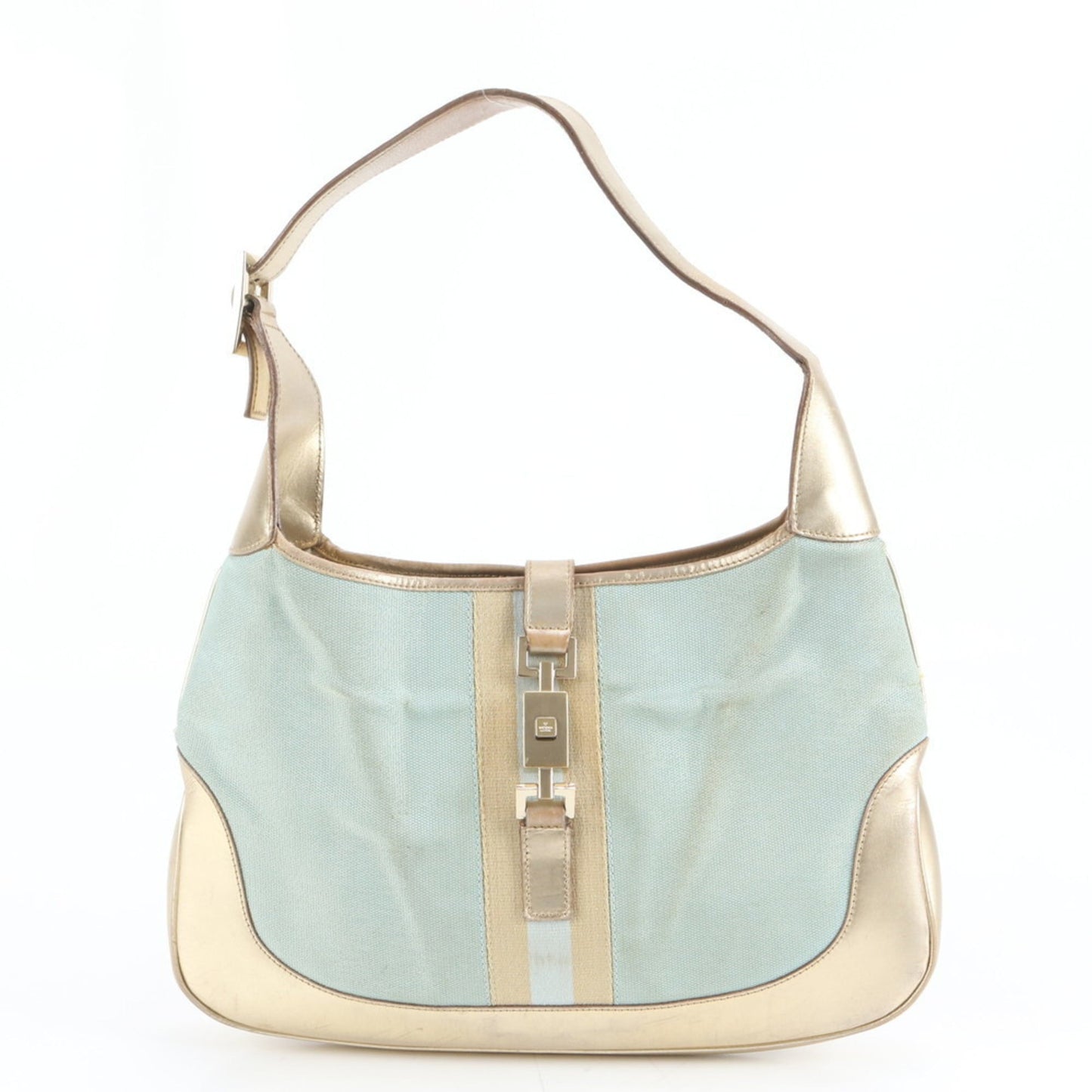 Gucci Blue Gold Leather Canvas Shoulder Bag ( )