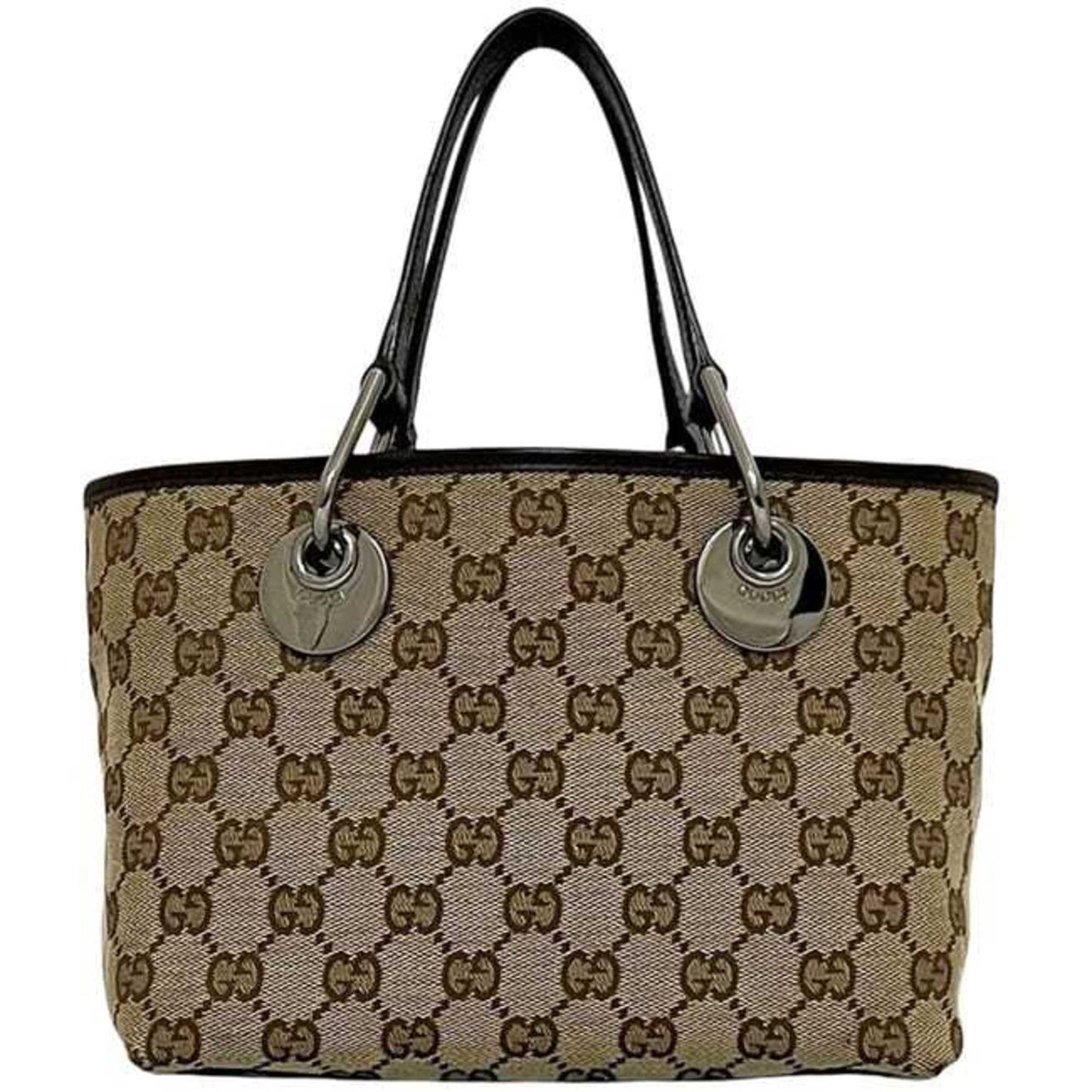 Gucci Beige Brown Canvas Leather Handbag Tote Bag ( )