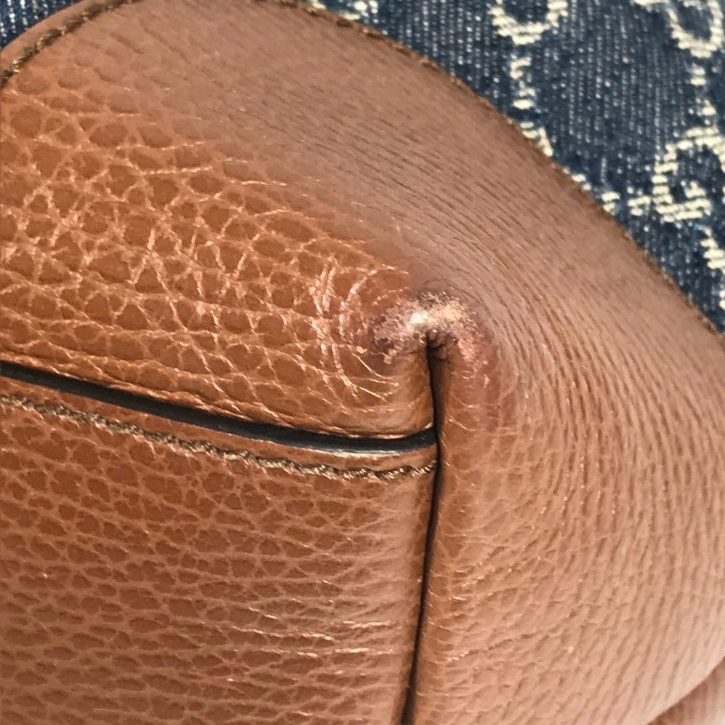 Gucci Blue Brown Denim Leather Shoulder Bag Tote Bag ( )