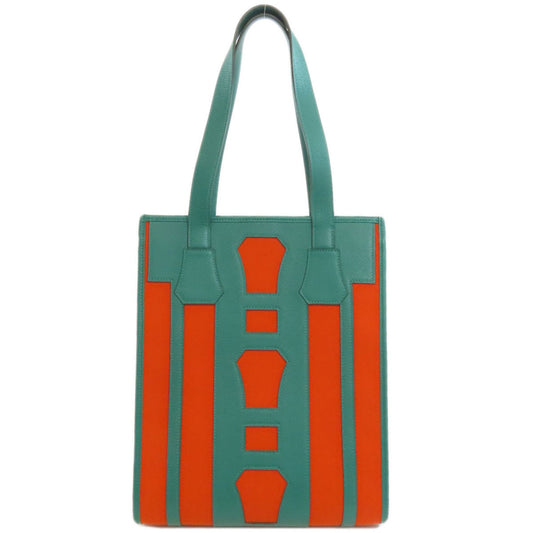 Hermes Green Orange Canvas Leather Tote Bag ( )