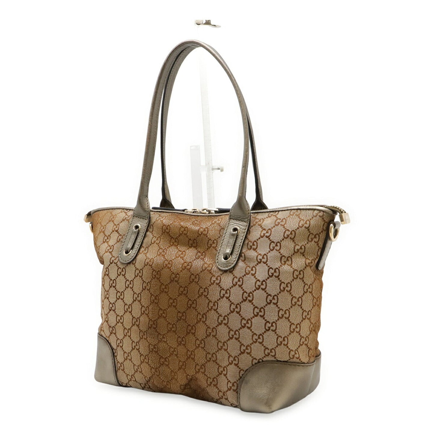 Gucci Bronze Khaki Gg Canvas Leather Shoulder Bag Tote Bag ( )