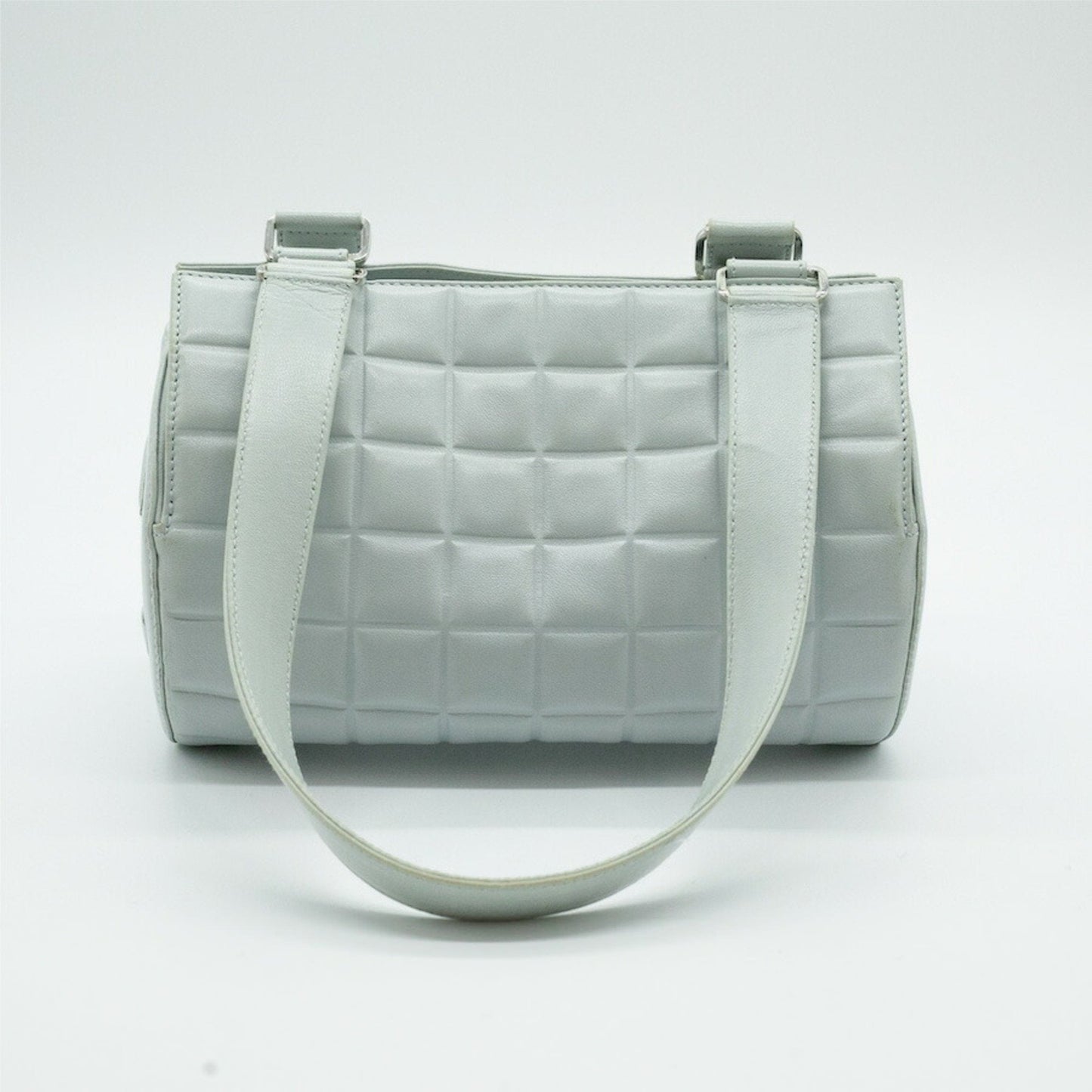 CHANEL Boston Bag Chocolate Bar Coco Mark Leather Light Blue Silver Women's PD292
