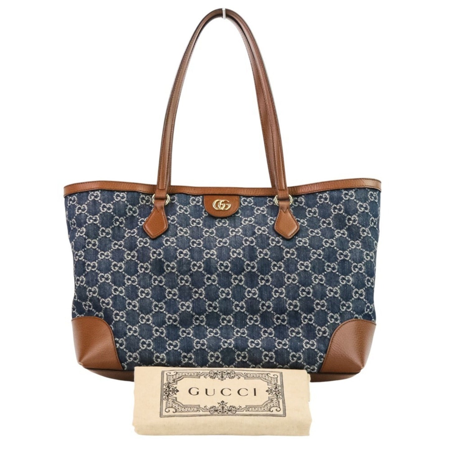 Gucci Brown Dark Blue Denim Leather Tote Bag ( )