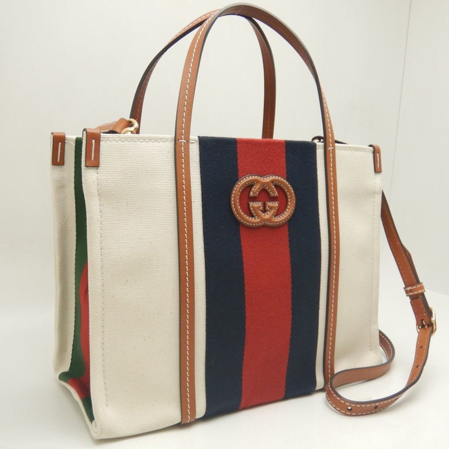 Gucci Brown Ivory Canvas Tote Bag ( )