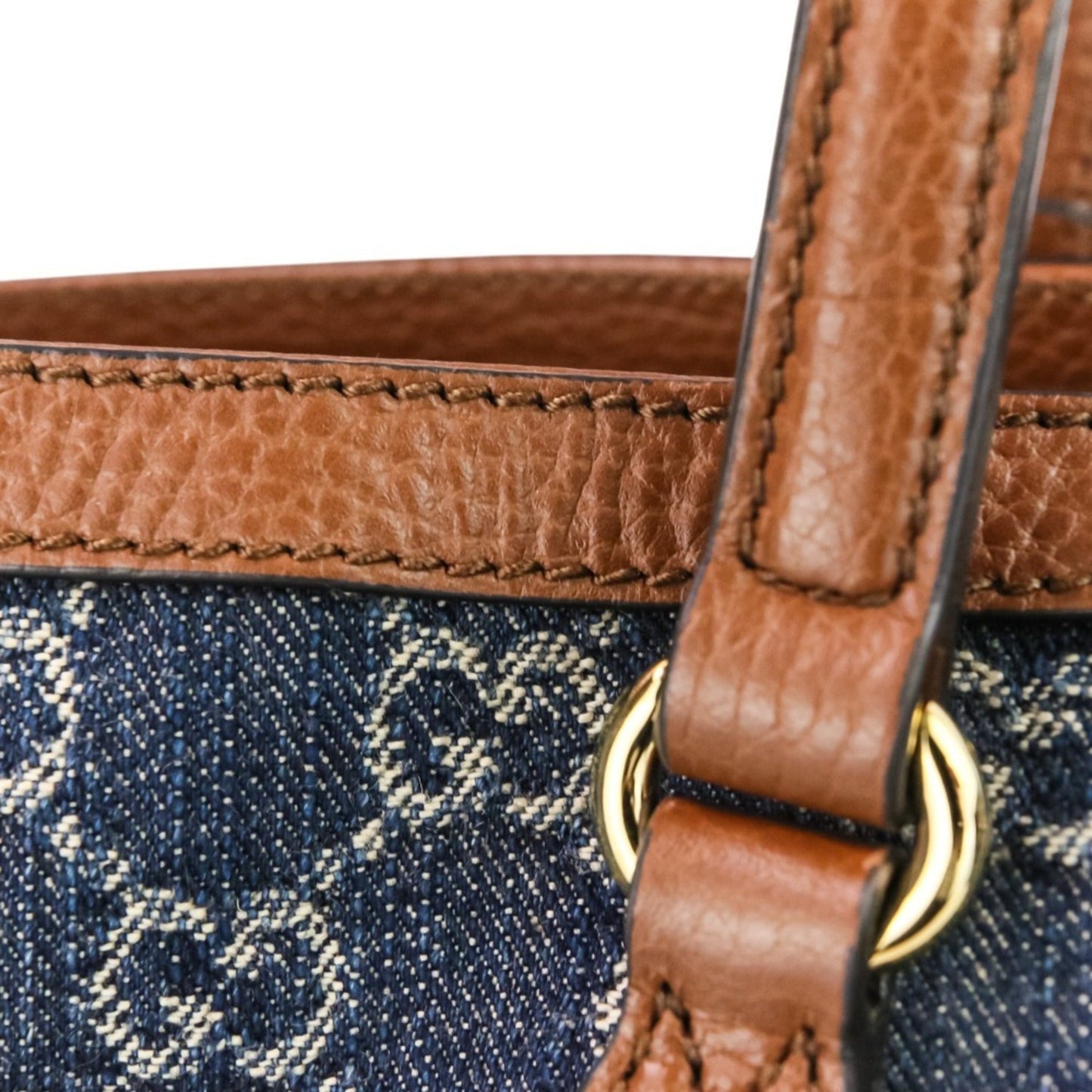Gucci Brown Dark Blue Denim Leather Tote Bag ( )