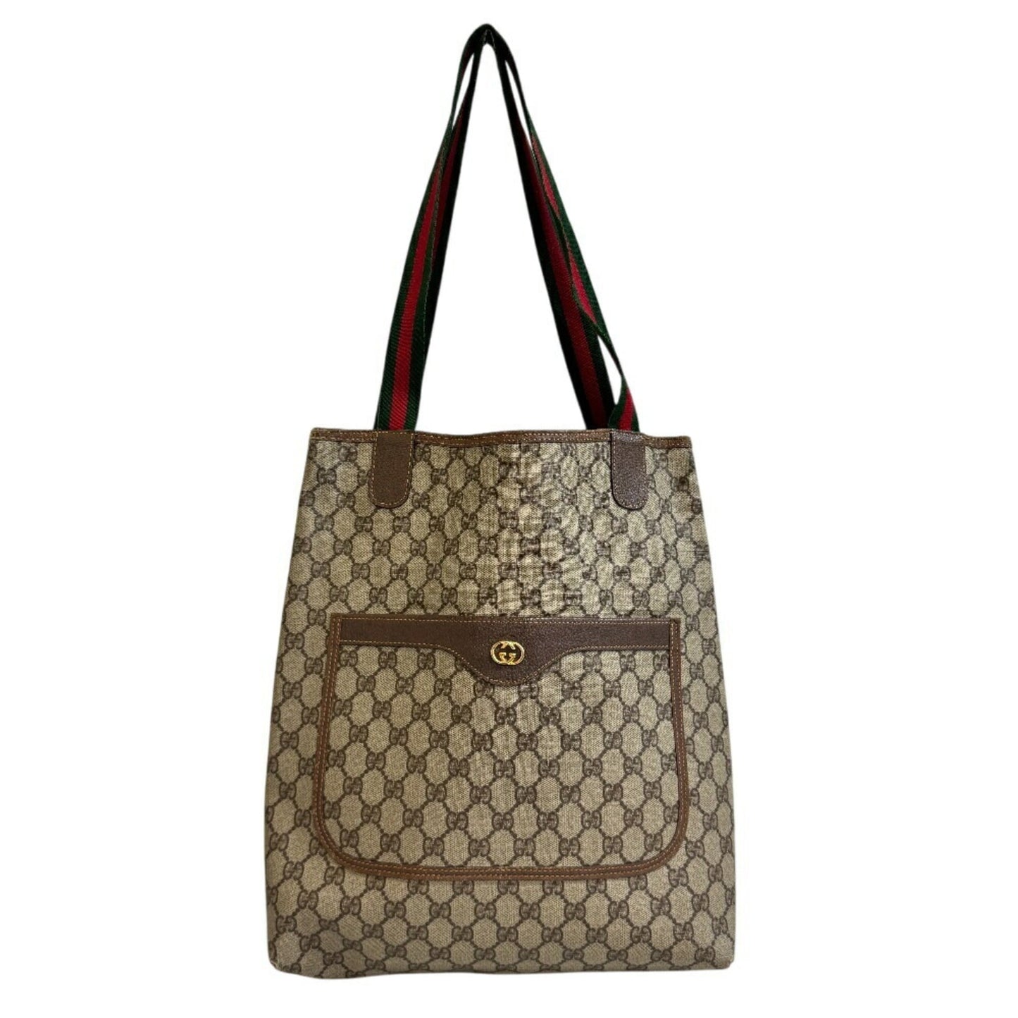 Gucci Sherry Line Beige Brown Green Red Color Pvc Canvas Tote Bag ( )