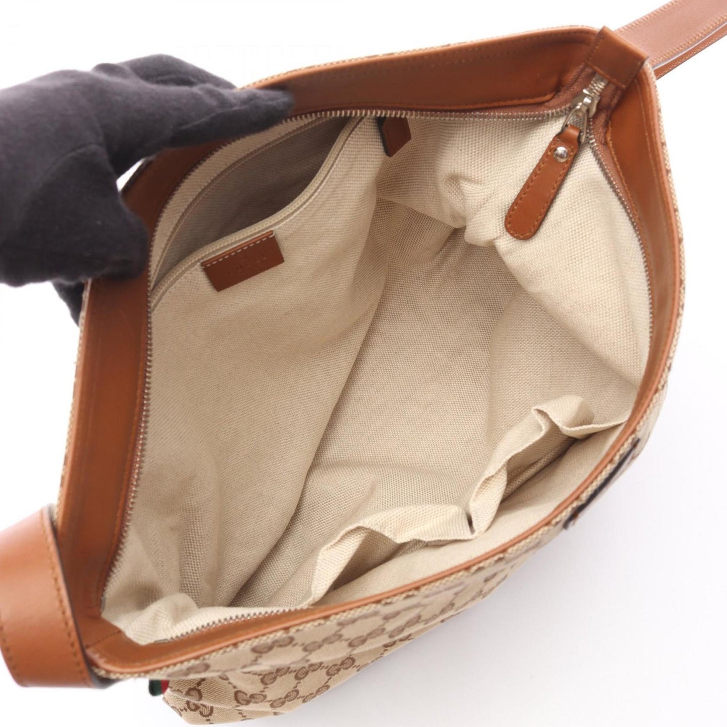 Gucci Beige Brown Canvas Leather Shoulder Bag ( )