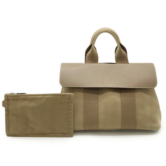 Hermes Etoupe Gray Toile Chevron Leather Handbag Pouch Tote Bag ( )