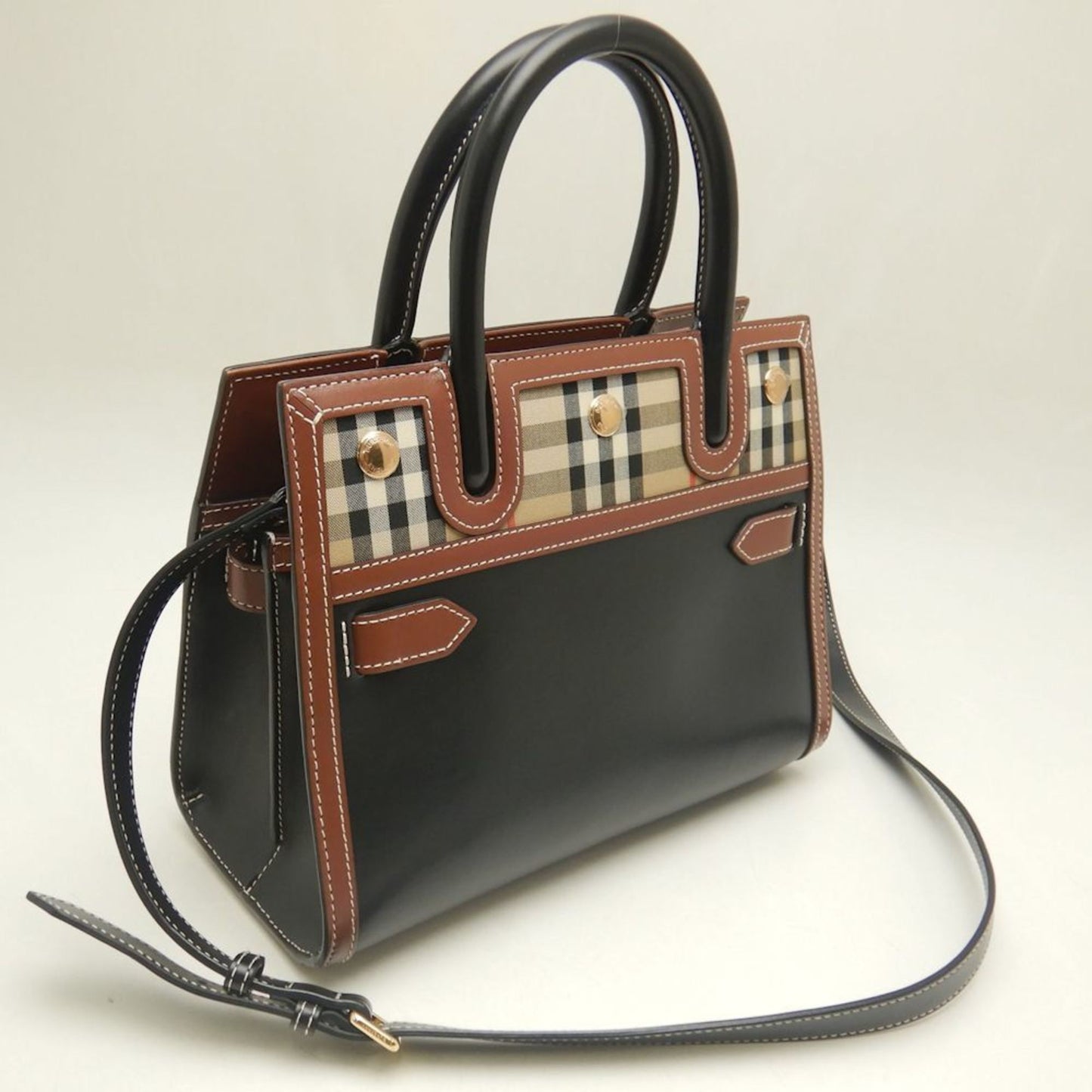 Burberry Beige Black Leather Canvas Tote Bag ( )