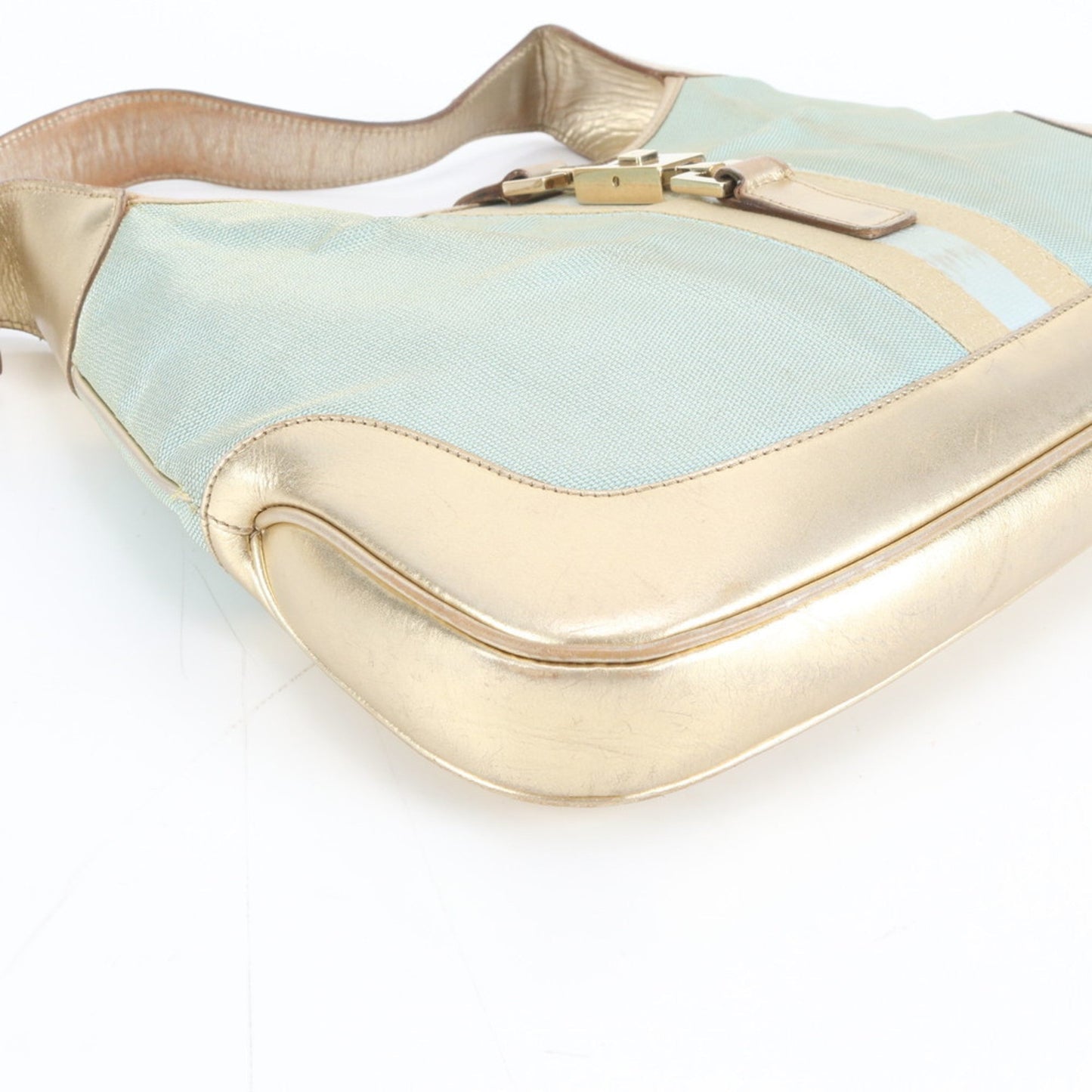 Gucci Blue Gold Leather Canvas Shoulder Bag ( )